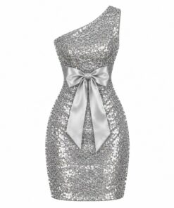 Back view of silver sequin mini dress showing the satin ribbon bow, on white