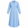 Women's sky blue long sleeve cotton linen kurta-style midi shirt dress with band collar, ghost mannequin front view on white