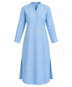 Women's sky blue long sleeve cotton linen kurta-style midi shirt dress with band collar, ghost mannequin front view on white