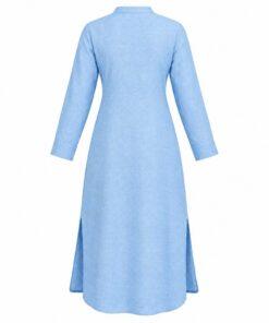 Back view of sky blue linen shirt dress with side slits on white