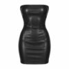 Women's black vegan leather strapless bodycon mini dress with straight neckline, ghost mannequin front view on white
