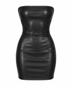 Women's black vegan leather strapless bodycon mini dress with straight neckline, ghost mannequin front view on white