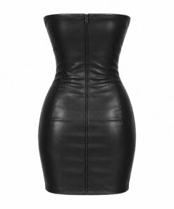 Back view of black faux leather strapless mini dress showing the back zip, on white