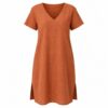 Women's terracotta cotton linen V-neck short sleeve tunic dress with side slits, ghost mannequin front view on white