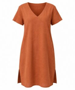 Women's terracotta cotton linen V-neck short sleeve tunic dress with side slits, ghost mannequin front view on white
