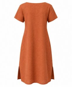 Back view of terracotta knee-length tunic dress on white