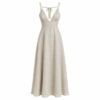 Women's natural flax linen blend maxi sundress with thin straps, ghost mannequin front view on white