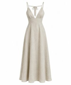 Women's natural flax linen blend maxi sundress with thin straps, ghost mannequin front view on white