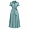 Women's dusty turquoise linen blend button front maxi dress with tie belt, ghost mannequin front view on white