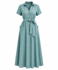 Women's dusty turquoise linen blend button front maxi dress with tie belt, ghost mannequin front view on white