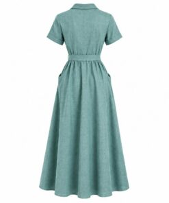 Back view of turquoise linen maxi dress with short sleeves on white