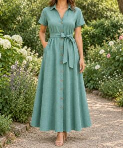 Woman in a turquoise linen maxi dress with hands in pockets in a garden, shown from the shoulders down