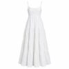 Women's white crinkle cotton maxi sundress with spaghetti straps and tiered skirt, ghost mannequin front view on white