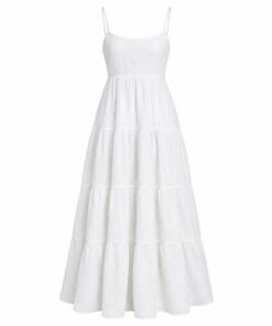 Women's white crinkle cotton maxi sundress with spaghetti straps and tiered skirt, ghost mannequin front view on white