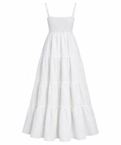 Back view of white crinkle maxi dress showing the smocked back, on white