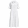 Women's white loose cotton linen maxi shirt dress with button front and rolled sleeves, ghost mannequin front view on white
