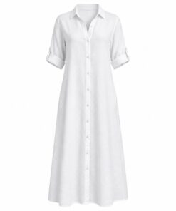 Women's white loose cotton linen maxi shirt dress with button front and rolled sleeves, ghost mannequin front view on white