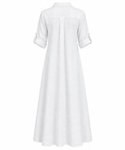 Back view of white cotton linen maxi shirt dress on white background