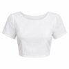 Women's white cropped linen blend blouse with short sleeves, ghost mannequin front view on white
