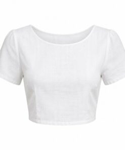 Women's white cropped linen blend blouse with short sleeves, ghost mannequin front view on white