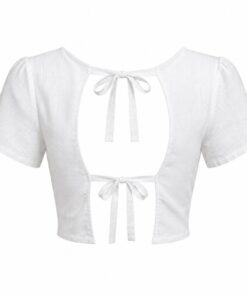 Back view of white open back linen top with tie closure, on white