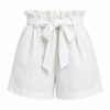 Women's white cotton linen ruffle paperbag waist shorts with self-tie belt, ghost mannequin front view on white