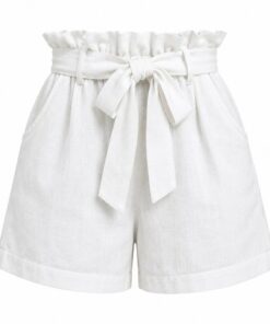 Women's white cotton linen ruffle paperbag waist shorts with self-tie belt, ghost mannequin front view on white