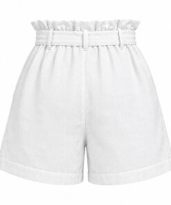 Back view of white ruffle waist shorts on white background